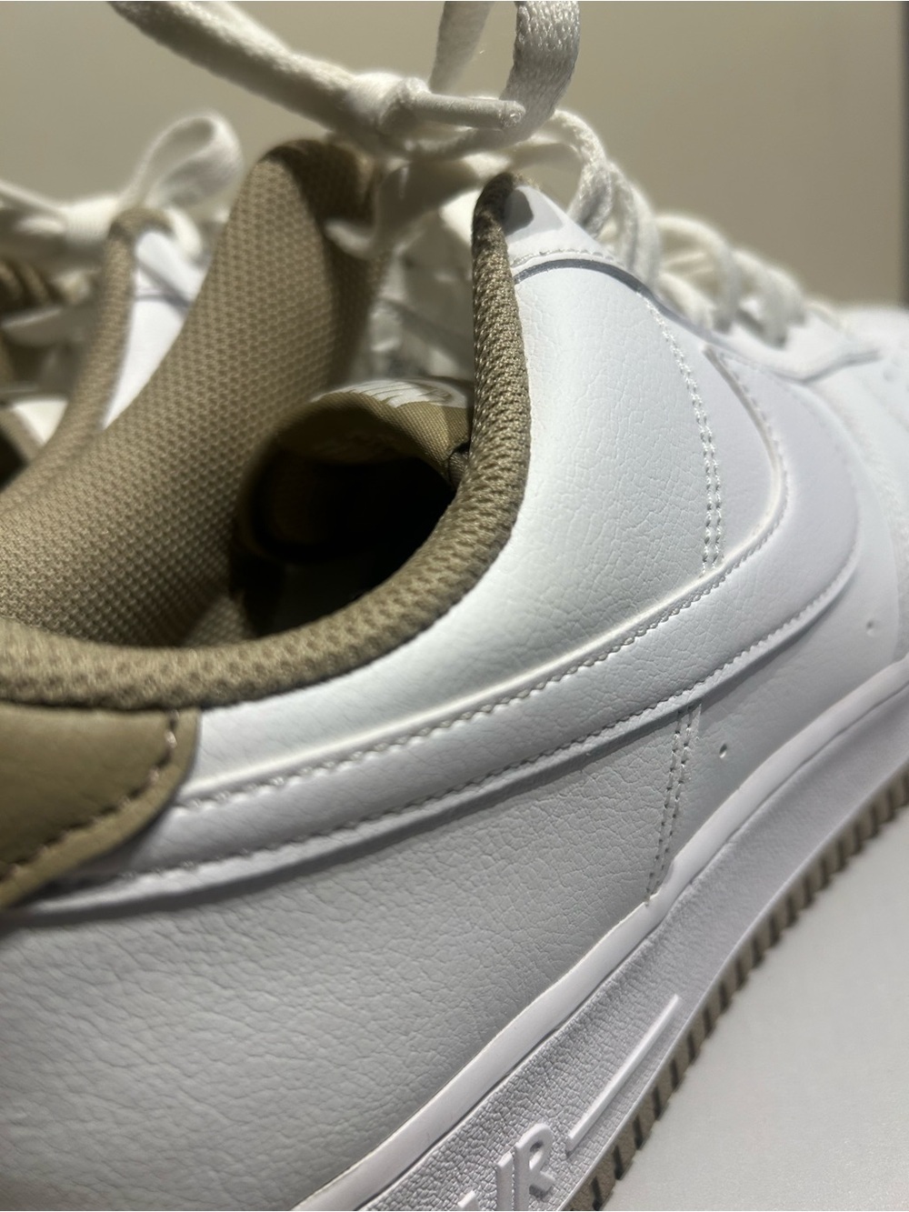 Nike Men's Air Force 1, White Leather Sneakers with Khaki Tan Accents, Size 13